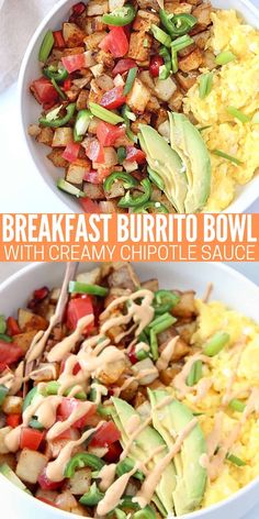 two bowls filled with breakfast burritos and scrambled eggs, topped with avocado