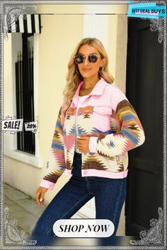 Women's Aztec Lapel Loose Stitching Jacket Pink Patchwork Outerwear For Fall, Stitching, Cross Stitching