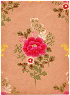 a pink flower with green leaves and white flowers on a tan background, surrounded by yellow butterflies