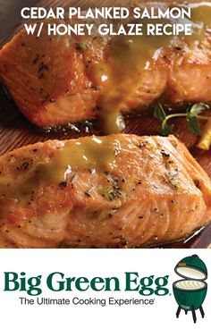 an advertisement for cedar planked salmon with honey glaze recipe on the front and side