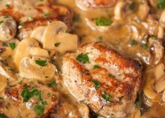 meat and mushrooms are in a creamy sauce