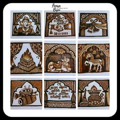 six wooden paintings depicting different scenes in india