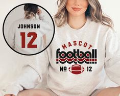 Customize this football shirt to meet your needs! Choose from short sleeve, long sleeve, hoodies, and crewneck sweatshirts and add your team/mascot and name/number! Other color options and styles are available. If you don't see what you're looking for send us a message! The shirts are a UNISEX retail fit - they are more of a relaxed fit and may run a little large on women and those with a smaller frame. Make sure to see the size and fit charts (last images) to confirm the best fit for you. We re School Spirit Long Sleeve T-shirt For Football Season, Team Spirit Crew Neck Hoodie For Football Season, Crew Neck Hoodie For Football Season Sports Events, Crew Neck Hoodie For Football Season, Baseball Hoodie, Football Mom Shirts, Football Sweatshirt, Baseball Mom Shirts, Personalized Football