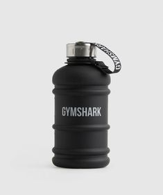 the gymshark water bottle is black with white lettering