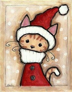 a painting of a cat wearing a santa hat