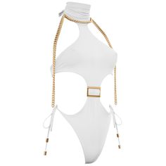 Step up your swimwear game with our golden chain-detailed one-piece swimwear. With a golden buckle accent and simple, clean lines, this suit will make a splash at any pool or beach. This beautiful one-piece swimwear is designed in a flattering high-leg shape, featuring a halter neck tie fastening and cut-out detailing. The swimwear is tie fastening at the back and around the hips to ensure a perfect fit. The strings are decorated with golden cord ends, adding a touch of luxury to your beach look Luxury Beachwear, Halter Bathing Suit, Beachwear Collection, Ruffle Bodysuit, Festival Costumes, Golden Chain, Cord Ends, Compression Fabric, On The Road Again