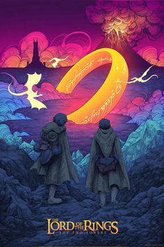 lord of the rings movie poster with two people standing in front of an orange and purple sky