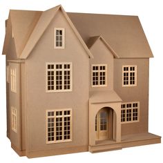 a toy house with windows and doors on a white background