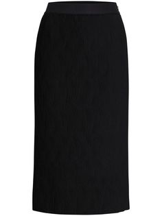 black stretch-design plissé effect high-waisted pencil silhouette side zip fastening mid-length partial lining Workwear Midi Bottoms With Folds, Midi-length Workwear Bottoms With Folds, Midi Length Bottoms With Folds For Work, Workwear Midi Skirt With Folds, Fitted Bottoms With Folds In Midi Length, Midi Skirt With Folds For Workwear, Office Midi Length Pleated Bottoms, Formal Midi Skirt With Folds, Elegant Pleated Pencil Skirt