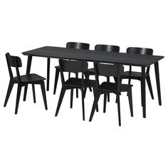 a black table with six chairs and one chair on the other side, in front of a white background