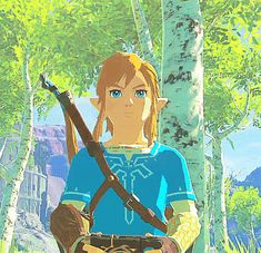 the legend of zelda standing in front of a tree with a camera strapped to it