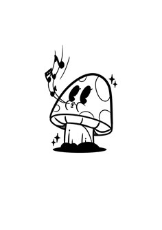 a black and white drawing of a mushroom with music notes coming out of it's mouth