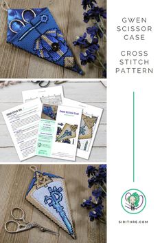 the instructions for this cross stitch purse are shown in three different pictures, one with scissors and