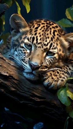 a close up of a leopard laying on a tree branch with its eyes closed and it's head resting on the log