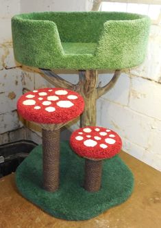 two stools are made to look like mushrooms