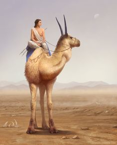 a painting of a woman riding on top of a camel in the middle of desert