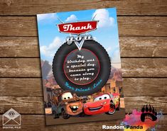 a thank card for a birthday with cars and the words thank you written on it