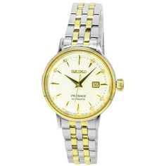 Seiko Presage Cocktail Time White Lady Diamond Accents Gold Dial Automatic SRE010J SRE010J1 SRE010 Women's Watch Size: one size.  Color: Metal Type.  Gender: female.  Age Group: adult. Elegant White Automatic Watch Accessories, Formal Yellow Automatic Watch, Anniversary White Watch With Date Indicator, Timeless Yellow Watch With Chronometer, Timeless Yellow Chronometer Watch, Classic Yellow Chronometer Watch, Formal Yellow Watches With Metal Dial, Formal Yellow Watches, Formal Yellow Watch With Chronometer