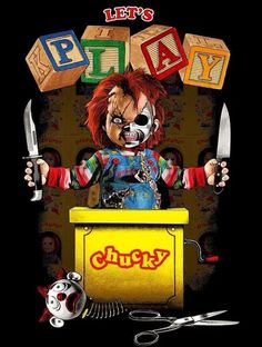 a creepy clown holding two knives in front of a sign that says let's play