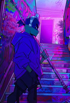 a cartoon character is walking up some stairs with a broom in his hand and graffiti on the walls behind him