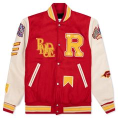 Rhude introduces a collegiate-inspired design in the Bull Market Varsity Jacket. Taking on a blend of leather, polyester, wool, and cotton, the jacket features a cropped hem and is secured by a custom Rhude snap closure. Hand pockets are seen, while the branded chenille patchwork at the chest, arms, and rear includes an additional embroidered design. The ribbed neckline, waist, and cuffs finish up the rest of the silhouette. Leather/polyester/wool/cotton blend Snap closure Hand pockets Chenille Varsity Jacket Red, Vintage Varsity Jacket, Bull Market, Leather Varsity Jackets, Vintage Varsity, Mens Outdoor Jackets, Quilted Puffer Jacket, Letterman Jacket, Leather Sleeve