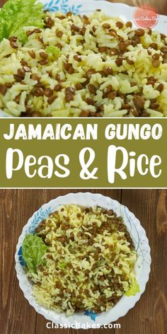 an image of some food that is on a plate and the words jamaican gumo peas and rice