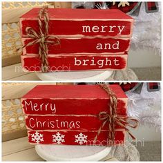 two red boxes with merry and bright written on them