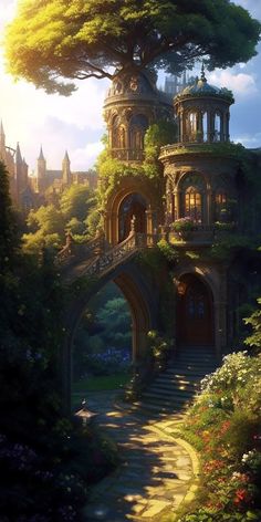 an artistic painting of a castle in the middle of a forest with stairs leading up to it