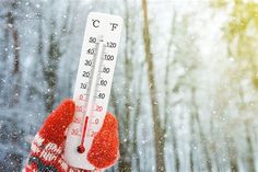 a thermometer in someones red mittens is standing in front of snow covered trees