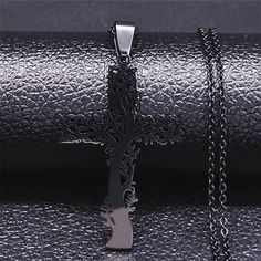 Black Nature Cross Necklace Stainless Steel Tree Crucifix Pendant Cheap Black Crucifix Necklace, Cheap Black Crucifix Jewelry, Aesthetic Necklace, Cross Jewelry Necklace, Women Aesthetic, Stainless Steel Chain Necklace, Choker Pendant, Gold Jewelry Simple, Cross Pendant Necklace