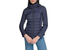 Calvin Klein Short Scuba Side Lightweight Puffer - Women's Jacket : Navy : Calvin Klein Short Scuba Side Lightweight Puffer Jacket comes with a fashionable look and a stylish quilted design. Standing collar and long sleeves. Attached hood with cinch closure. Zippered front closure. Two zippered side pockets. One side pocket. Straight hemline. 100% nylon. Machine wash, tumble dry. Imported. Measurements: Length: 25 in Sleeve Length: 27 in Product measurements were taken using size SM (US 6-8). Pl Parka Coat Women, Lightweight Puffer Jacket, Calvin Klein Shorts, Standing Collar, Womens Parka, Parka Coat, Calvin Klein Woman, Jacket Design, Quilted Jacket