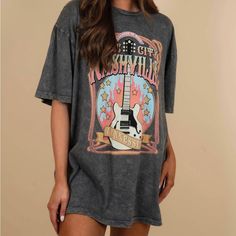 Nashville T-Shirt That You Can Wear As A Dress! Size Xl New Without Tags. Nashville Tshirt, Nashville Dress Casual Letter Print Top For Music Festival, Concert Short Sleeve Top With Graphic Print, Short Sleeve Tops With Graphic Print For Concert, Graphic Print Short Sleeve Top For Concerts, Spring Concert T-shirt With Short Sleeves, Spring Concert Crew Neck T-shirt, Casual Tops With Text Print For Music Festival, Casual Tops With Text Print For Concert, Casual Crew Neck T-shirt For Concert