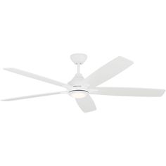 a white ceiling fan with three blades on the top and one light on the bottom