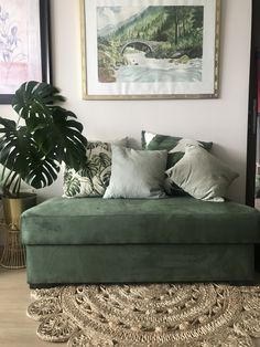 a living room with a green couch and rug