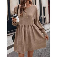 -Item Id 40141827 -Details: Frill, Shirred -Neckline: Round Neck -Sleeve Type: Batwing Sleeve -Style: Casual -Type: A Line -Waist Line: High Waist -Hem Shaped: Flared -Color: Khaki -Pattern Type: Plain -Sleeve Length: Long Sleeve -Length: Short -Fit Type: Loose -Fabric: Non-Stretch -Material: Woven Fabric -Composition: 100% Polyester -Care Instructions: Machine Wash Or Professional Dry Clean -Sheer: No **Open To Offers!!!** **Bundle To Save More** **30% Off Bundles Of 2 Or More Items!!** ***Orders Go Out Within 5-10 Business Days!! Thank You For Your Patience!! Multiple Sizes And Colors Available In Most Styles Don't See Your Size Or Color Listed, Just Ask. Solid Color Midi Dress For Fall Daywear, Solid Color Midi Dress For Daywear In Fall, Fall Midi Dress Solid Color For Daywear, Mini Dress For Daywear In Fall, Solid Mini Dress For Fall Daywear, Fall Daywear Dresses In Solid Color, Fall Mini Dress For Daywear, Casual Shift Mini Dress For Fall, Fall Daywear Shift Midi Dress