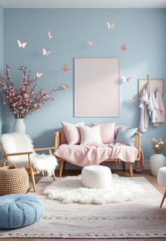 Blue Boho Girls Bedroom Boho Girls Bedroom Ideas, Explorer Bedroom, Boho Girls Bedroom, Calming Bedroom, Serenity Blue, Boho Girl, Luxury Suite, Butterfly Decorations