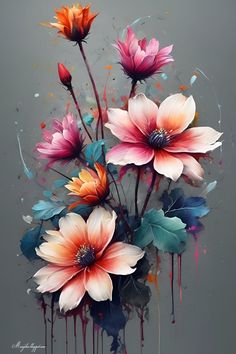 an artistic painting of flowers with paint splattered on it's petals and leaves