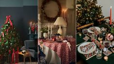 three different christmas tables with candles and decorations