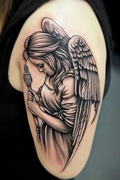 Angel tattoo holding a key on upper arm. Guardian Angel Tattoo For Women, Angel Tattoos For Women, Angel Demon Tattoo, Angelic Essence, Angel Tattoo Ideas, Angel Outline, Angel Tattoo For Women, Archangel Michael Tattoo