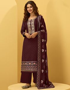 Dark Wine Pant style Straight Georgette Salwar Kameez in Cording Embroidery, Stone & Lace Work:Arabic Attire #beautifulwomendress #salwarsuits #pantsuit #pantstyledress #womenattire #salwarkameez #salwarsuit #womensalwarkameez #salwarkameez #salwar #palazzosuit #islamicattire Cording Embroidery, Wine Pants, Georgette Palazzo, Bridal Anarkali, Long Anarkali, Kurta Cotton, Party Sarees, Palazzo Suit, Georgette Tops