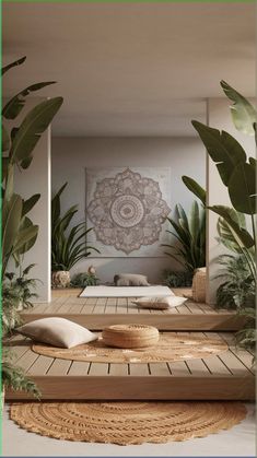 a room with plants and rugs on the floor in front of a large painting