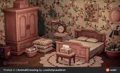 a bedroom with floral wallpaper and furniture