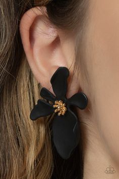 Hawaiian Heiress Black ✧ Post Earrings Post Earrings Elegant Black Flower Earrings For Wedding, Adjustable Black Flower Earrings, Formal Black Flower-shaped Jewelry, Black Flower-shaped Metal Jewelry, Earrings 2024, Black Statement Earrings, Elegant Black Flower-shaped Earrings, Yellow Petals, Practical Fashion