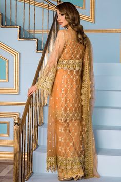 Embroidered Gold Lawn Suit With Long Sleeves, Gold Lawn Suit With Resham Embroidery And Long Sleeves, Gold Unstitched Suit With Long Sleeve And Dupatta, Gold Unstitched Suit With Dupatta, Gold Long Sleeve Kurta With Sheer Dupatta, Orange Traditional Wear With Long Sleeve And Dupatta, Orange Traditional Wear With Dupatta And Long Sleeves, Orange Long Sleeve Traditional Wear With Dupatta, Orange Sheer Dupatta Set For Eid