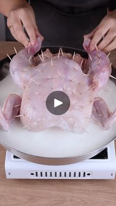 a person cutting up meat on top of a white plate with spikes in the middle