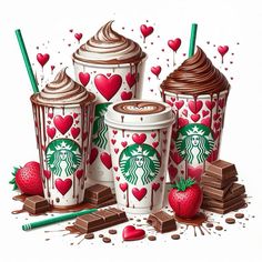 three starbucks cups with strawberries, chocolate and hearts on the top are surrounded by candy