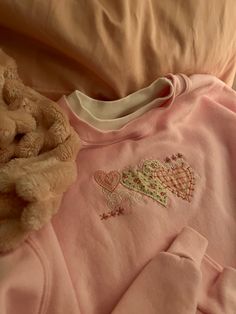 Pink And Brown Fall Outfits, Pink And Brown Aesthetic Outfit, Aesthetic Pink Sweater, Handsewn Clothes, Pink Embroidered Sweatshirt, Embroider Clothing, Cute Pink Embroidered Sweatshirt, Pink Embroidered Crew Neck Sweatshirt, Coquette Knit Sweater