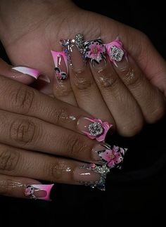 Pink Nails With Planet Charm, Pink Nail Sets With Charms, Pink Duck Nails With Charms, Long Acrylic Nails 3d Flower Pink, Long Acrylic Nails With Hello Kitty Charms, Practice Nails, Sweet 13, Weak Nails