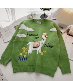 Style: commuting Size: one size Color: Green Korean Age, Korean Design, Loose Long Sleeve, Loose Pullover, Long Sleeve Pullover, Long Sleeve Sweater, Fashion Inspo Outfits, Christmas Sweaters, Korean Fashion