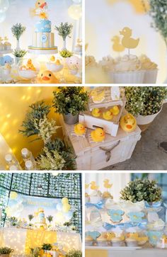 yellow and blue baby shower party with rubber ducks, balloons, flowers, cake and decorations